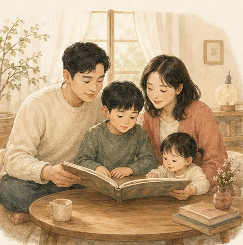 가족이 함께 책을 읽는 모습