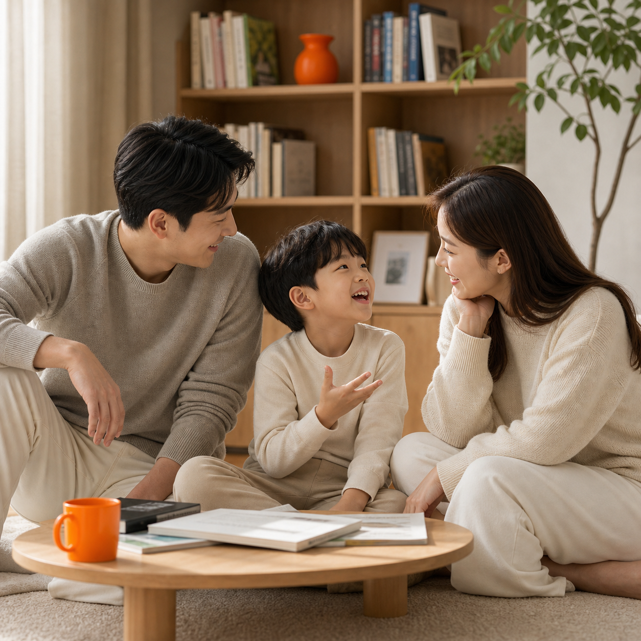 엄마와 아빠, 아이가 함께 둘러앉아 환하게 웃으며 대화하는 모습